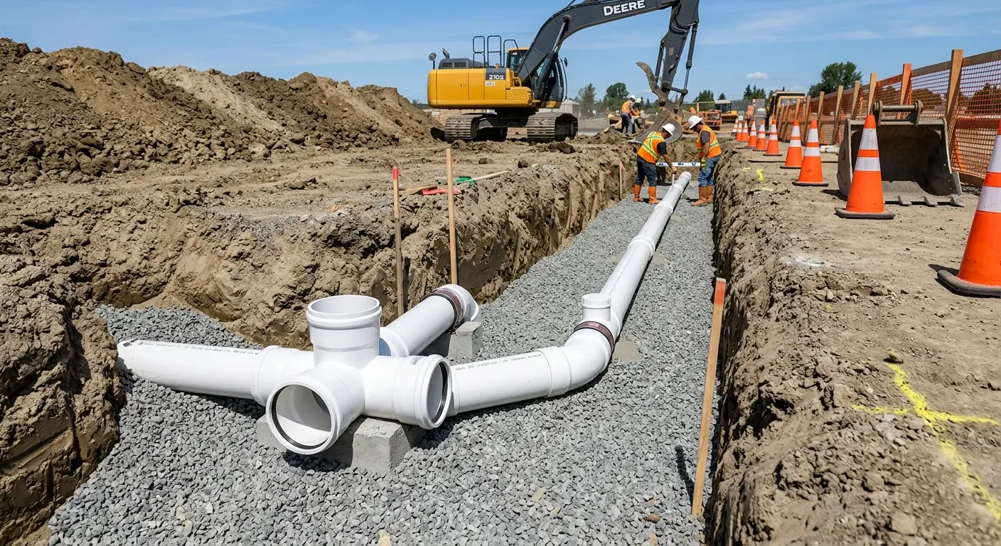 New PVC sewer pipe installation in open trench for Sewer Backup in Hermiston