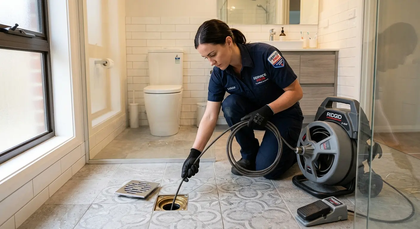 Technician clearing a bathroom floor drain for Clogged Drain Repair in Hermiston